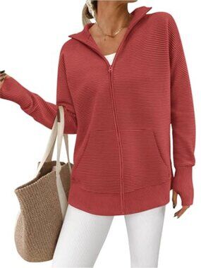 PRETTYGARDEN Womens Long Sleeve Zip Up Cardigan Sweater Loose Collared Ribbed